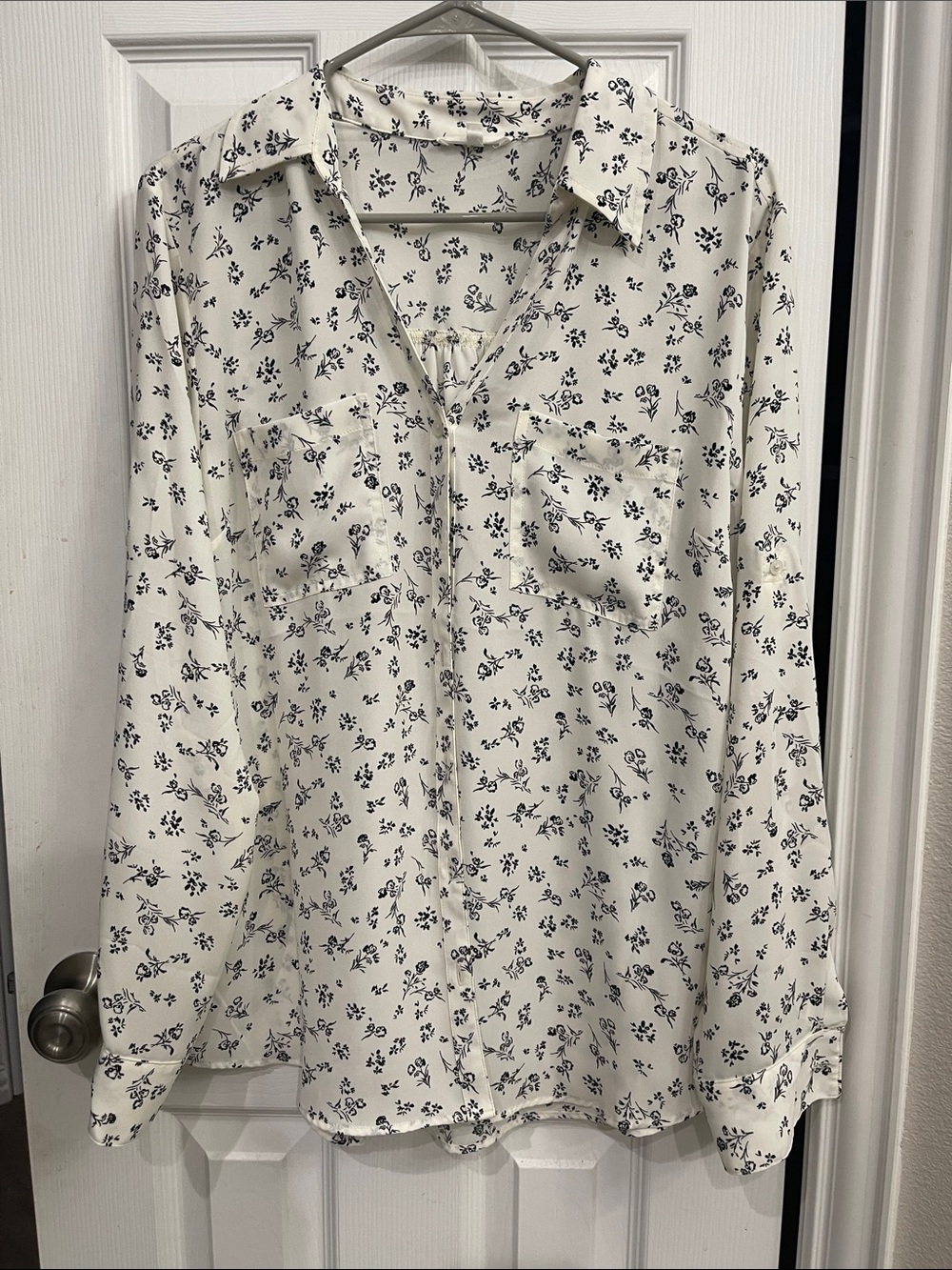 Maurices White Button-Down Shirt with Black Floral Print